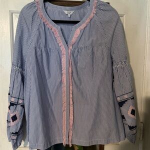 Crown & Ivy Blue Striped Blouse with Pink Embroidery